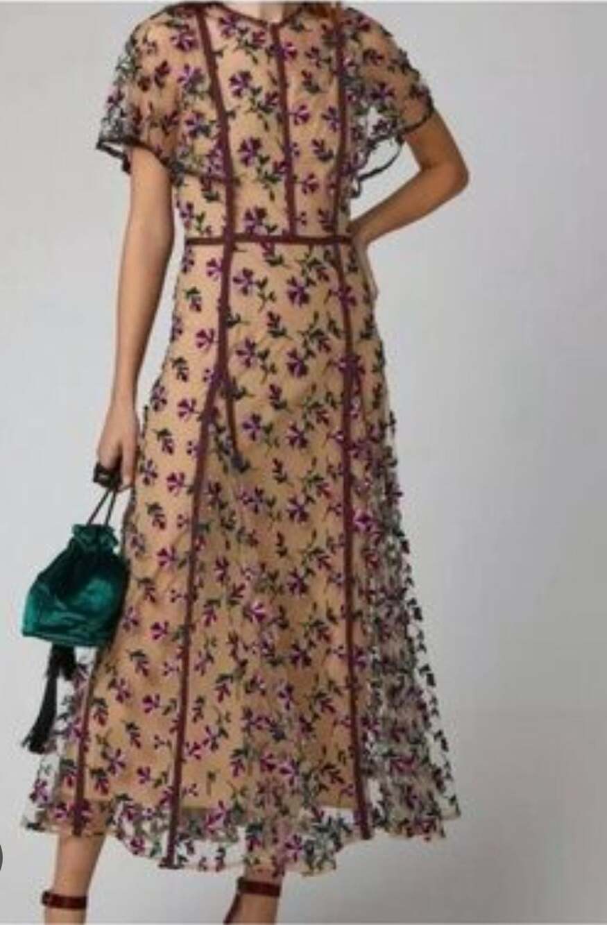 Lela Rose Womens Nude Mesh Midi A-Line Dress With Purple Floral Embroidery